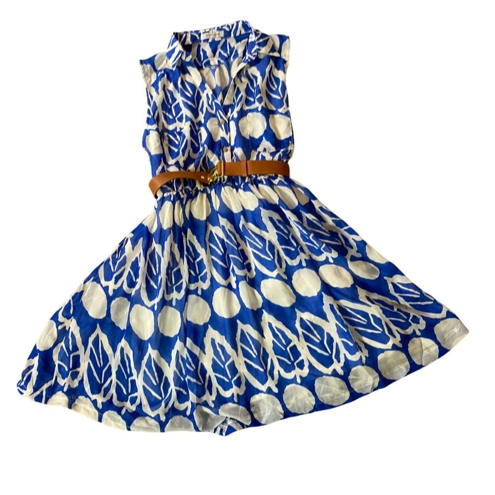 Xtaren Sleeveless Blue & White Leaf Print Dress With Belt Large
